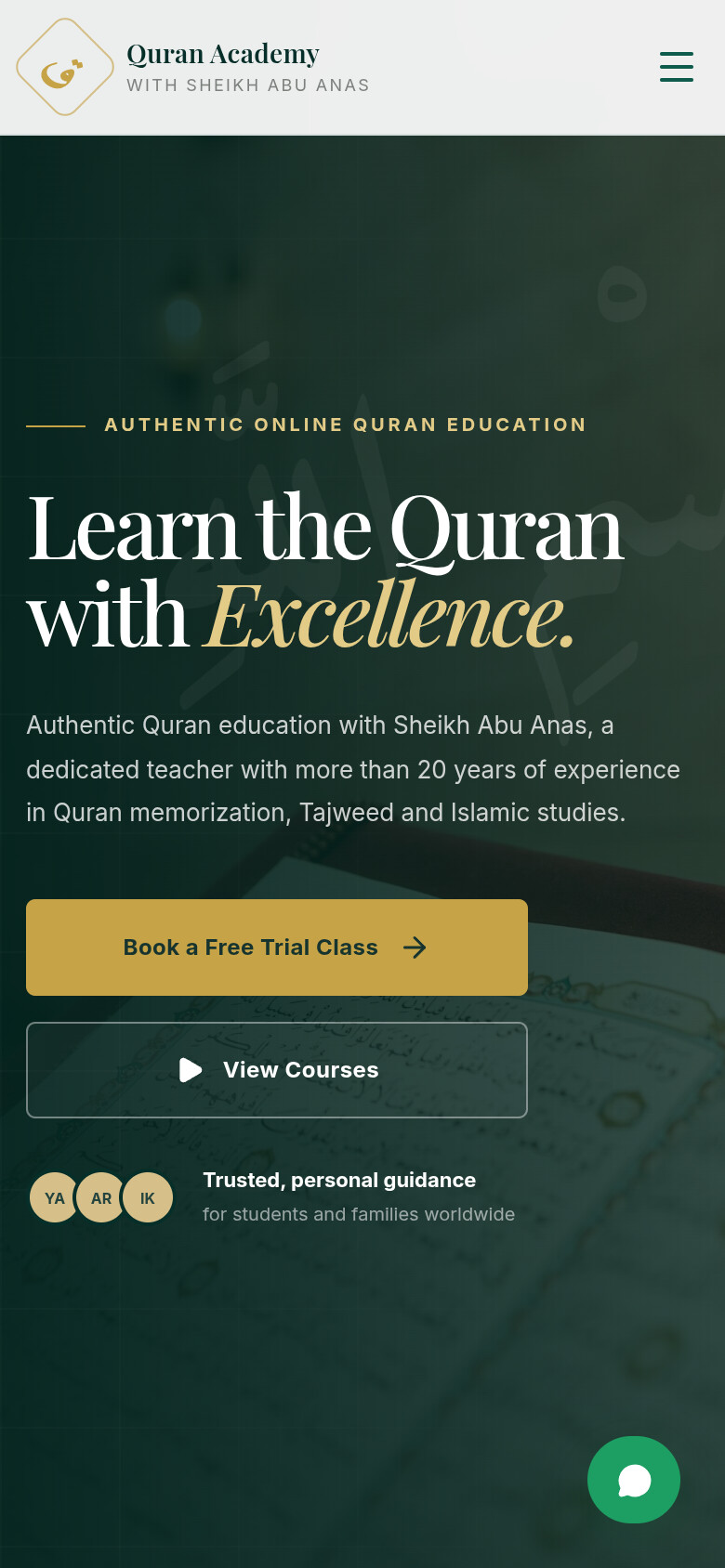 Quran Academy live mobile homepage